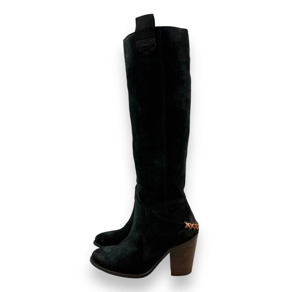 FREE PEOPLE knee high black suede riding boots with braided leather trim - Picture 7 of 16